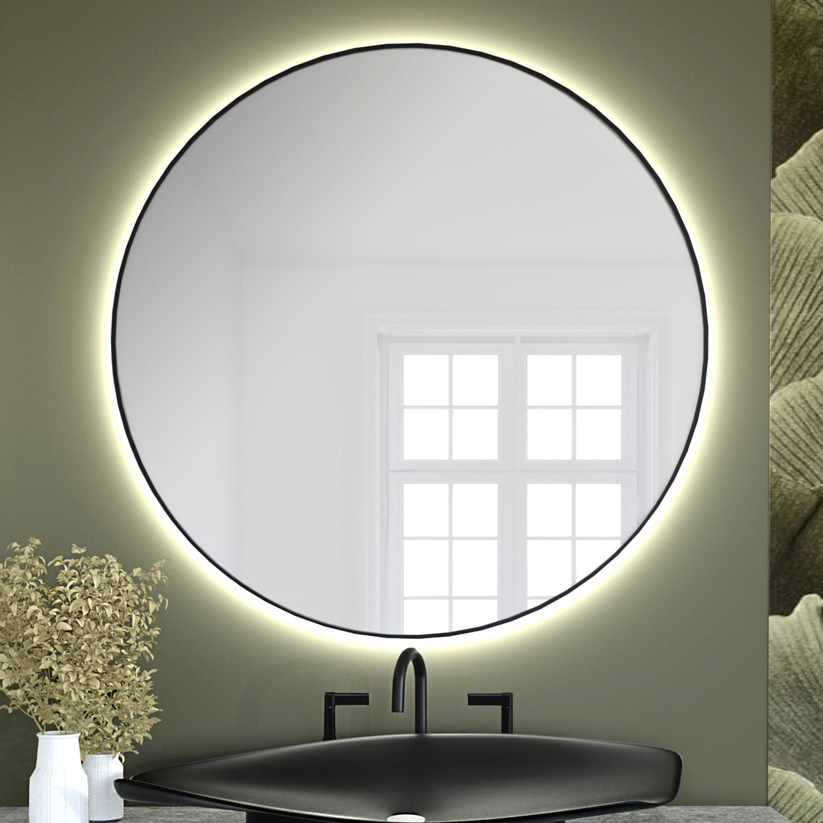 Baltica Design Tiny Border Bright lustro 80x80 cm czarne barwa zimna z włącznikiem bezdotykowym i matą grzewczą