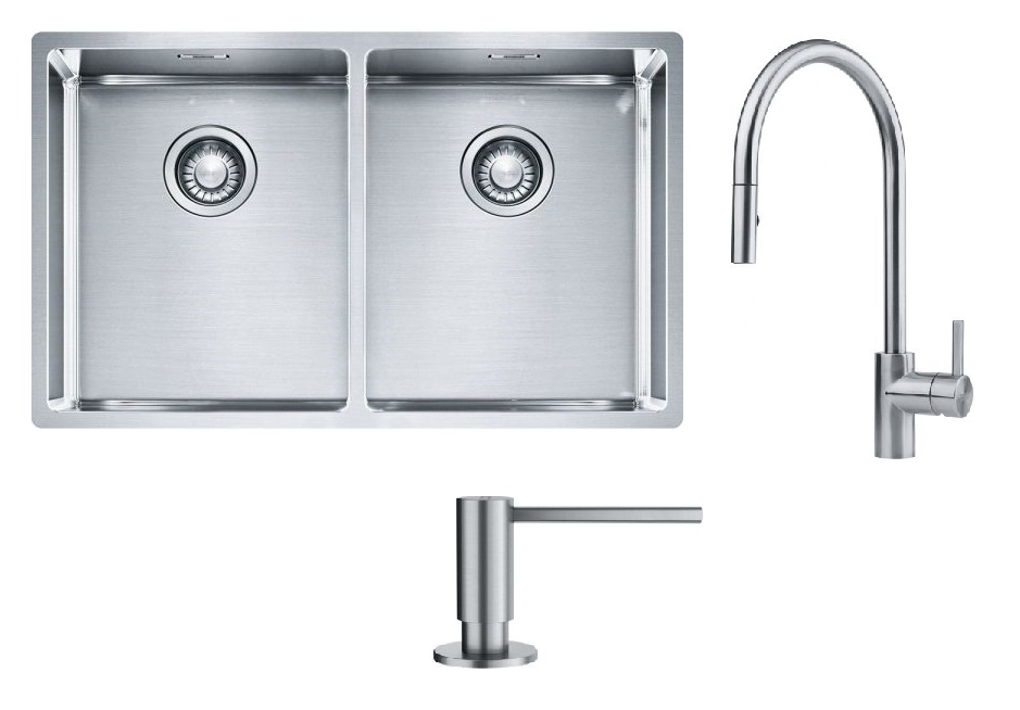 Zestaw Franke Box BXX 220/120 34-34 zlewozmywak stalowy 74x45 cm stal szczotkowana z baterią kuchenną Eos Neo i dozownikiem do płynów ...