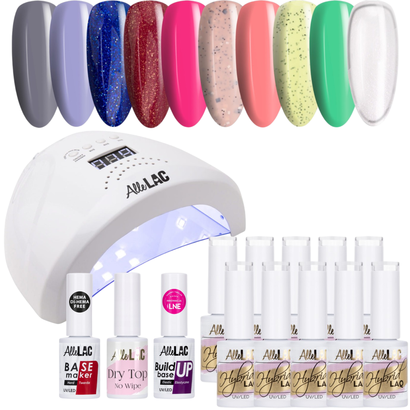 Zestaw Do Paznokci 10x Lakier Hybrydowy ALLELAC + Lampa LED/UV 1s + 2x Baza + Top