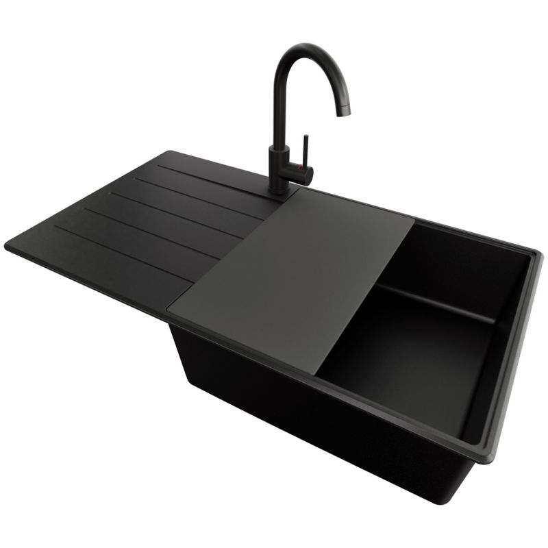 Zlewozmywak Granitowy Kopenhaga Top PRIMAGRAN Nablatowy 90x50cm, Cały Czarny + Bateria + Syfon + Akcesorium, S750, 1 szt.
