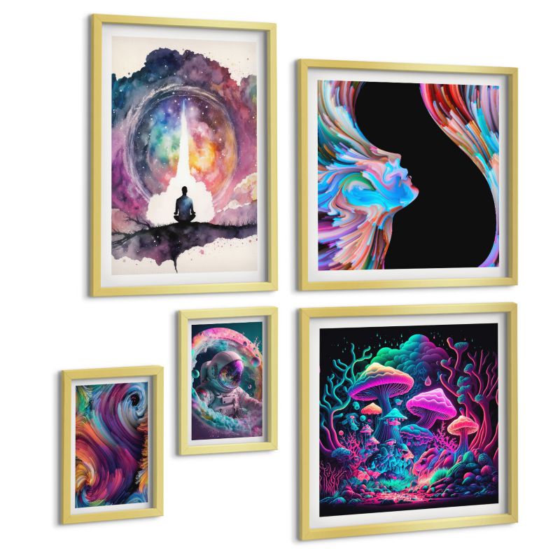 Zestaw 5 Obrazów ArtPrintCave (2x50x50+2x20x30+40x60cm) Złota rama Kolorowe ilustracje fantasy sztuka 1 kpl.