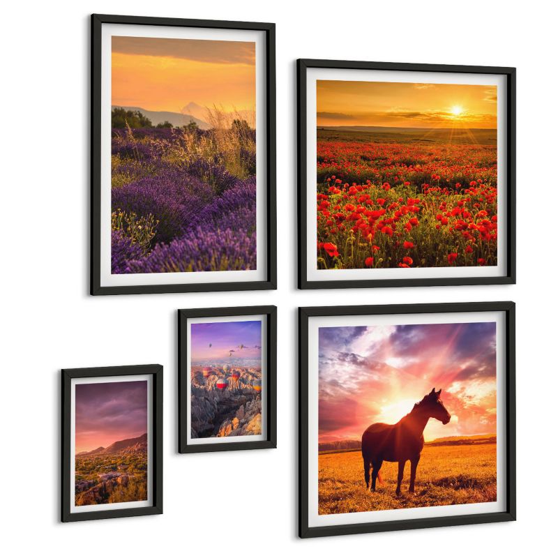 Galeria 5 Obrazów ArtPrintCave (2x50x50+2x20x30+40x60cm) Czarna rama Krajobraz górski koń lawenda 1 kpl.