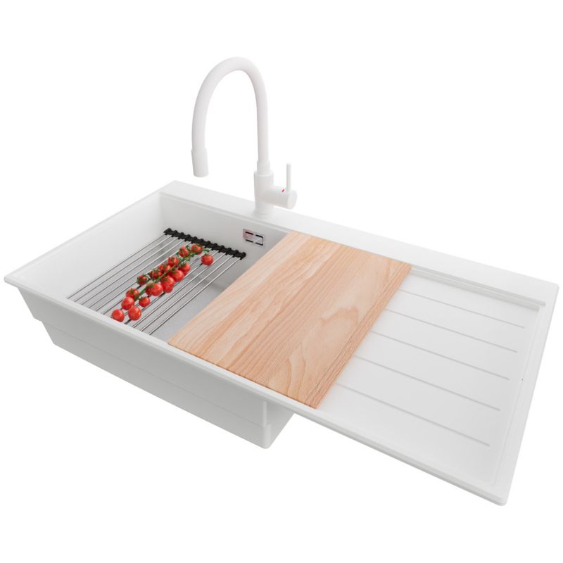 Zlewozmywak Granitowy Sydney Ergo PRIMAGRAN Nablatowy 90x50cm do Szafki od 60cm, Biały + Bateria 38x14cm + Syfon, S471, 1 szt.
