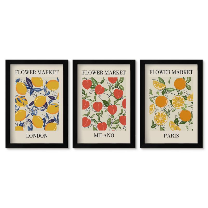Zestaw 3 obrazów w czarnych ramach Tulup 20x30 cm Kwiatowe postery w miastach Małe obrazy do kuchni w ramie 1 kpl