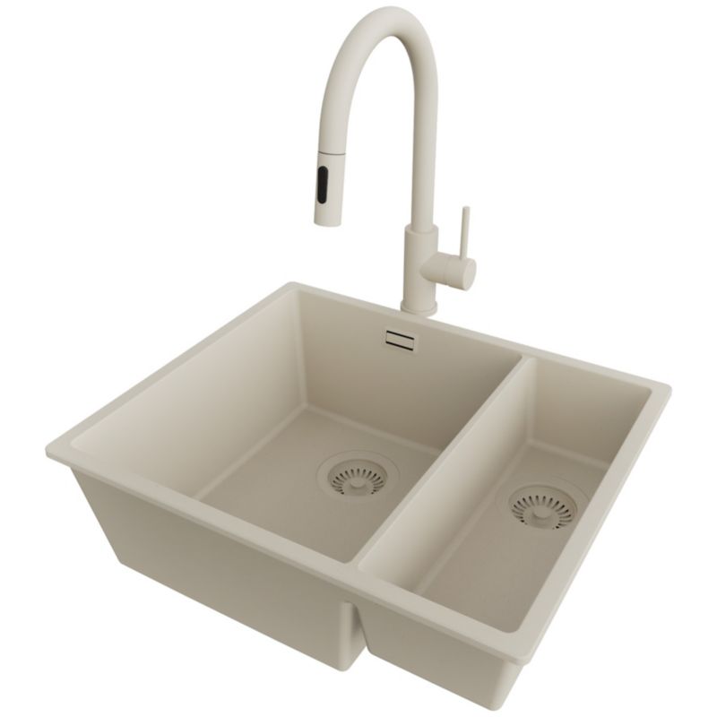 Zlewozmywak Granitowy Londyn Duo Slim PRIMAGRAN Nablatowy 56x47cm do Szafki od 60cm, Cały Beżowy + Bateria + Syfon, S026, 1 szt.