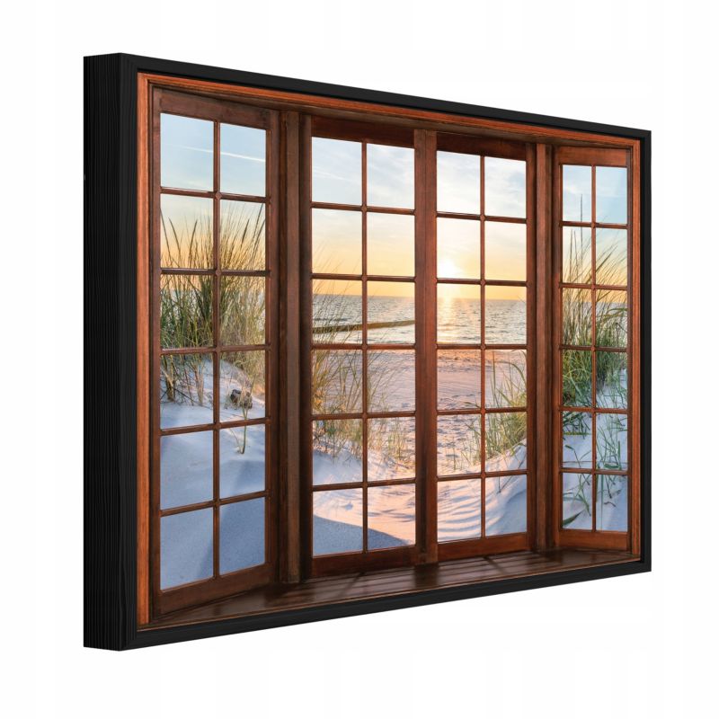 Obraz W Ramie WALLARENA Do Sypialni Salonu Na Płótnie 3D Okno Morze Plaża Beżowy 60x40 cm PPR14205O4 1 szt.
