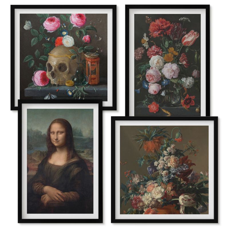 Zestaw Obrazów w Ramie Wallfluent Vintage kwiaty czaszka Mona Lisa Czarna rama 4 szt.