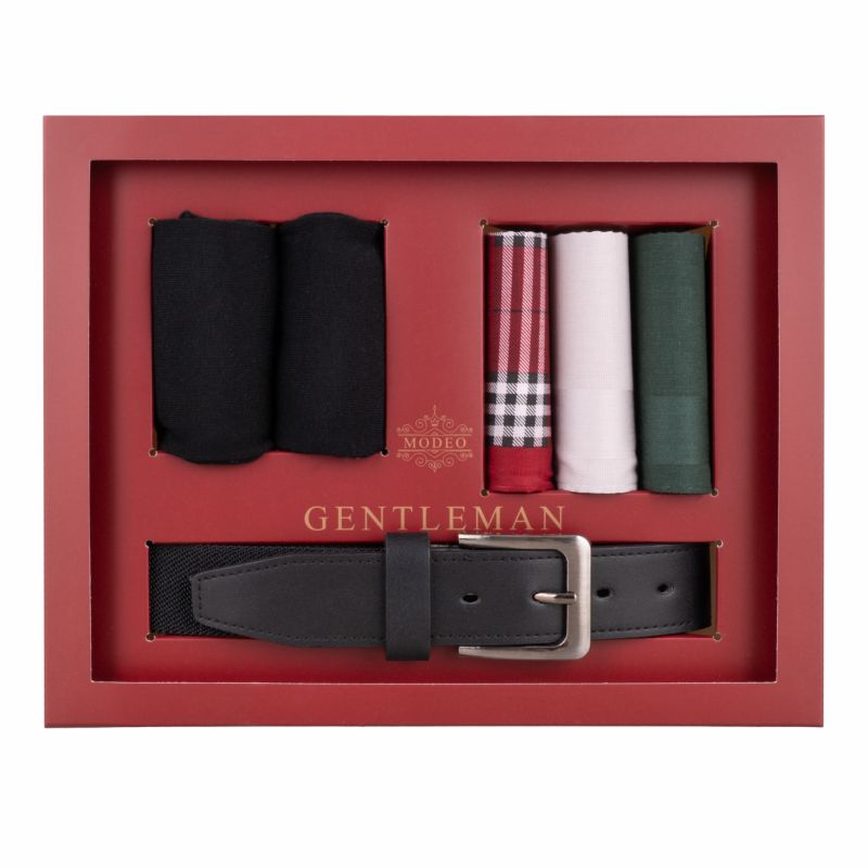 Zestaw prezentowy męski Prestige Men pasek+skarpetki+chusteczki rozmiar 39-45 Modeo bordowy 40x40 cm 1 kpl.