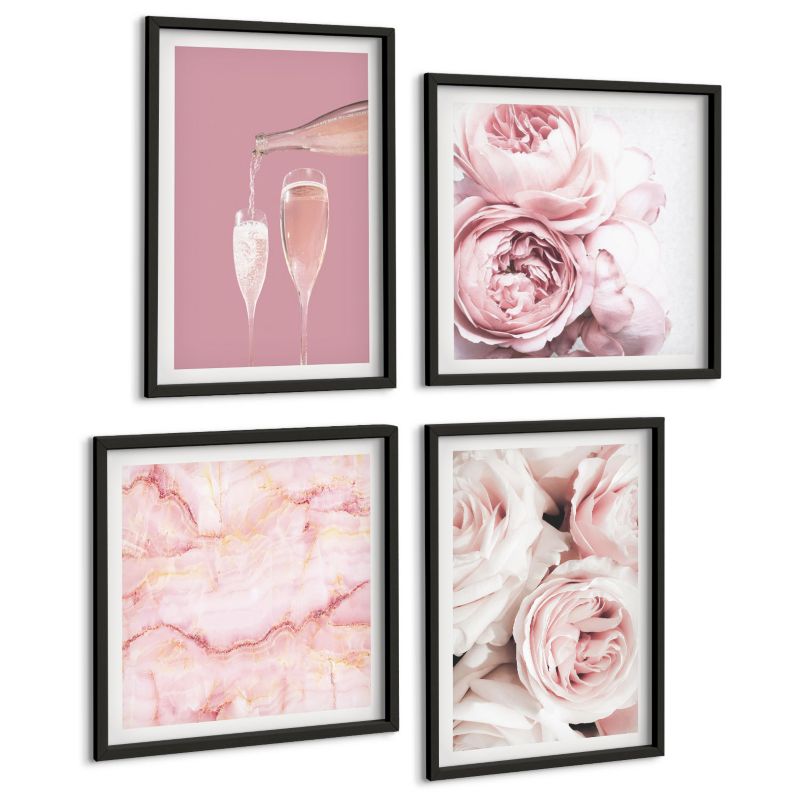 Zestaw Obrazów 4 Częściowy ArtPrintCave (2x50x50+2x40x60cm) Czarna rama Róże szampan marmur pastel 1 kpl.