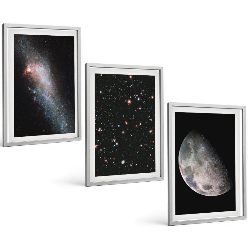 Trzyczęściowy Zestaw Obrazów ArtPrintCave 40x60 cm Srebrna rama Kosmos galaktyki gwiazdy Księżyc 1 kpl.