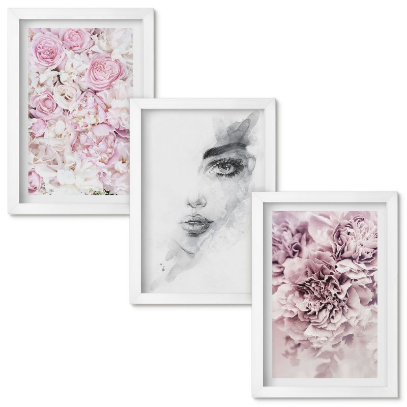 Obrazy do Salonu Wallfluent Piwonie portret kobiety czarno-biały Biała rama 20x30cm 3 szt.