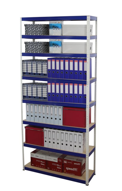 Regał metalowy MODO24 magazynowy biało-niebieski helios 270x180x30cm 8 półek po 275 kg 1 szt.