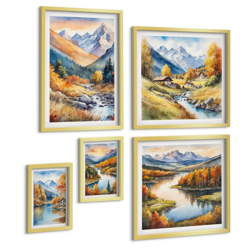 Komplet 5 Obrazów ArtPrintCave (2x50x50+2x20x30+40x60cm) Złota rama Widoki Positano cytryny architektura 1 kpl.