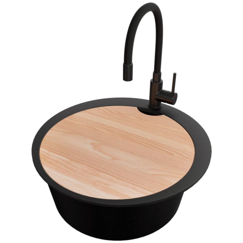 Zlewozmywak Granitowy Okrągły Piza PRIMAGRAN Nablatowy 53x53cm, Cały Czarny + Bateria + Syfon + Akcesorium, S062, 1 szt.
