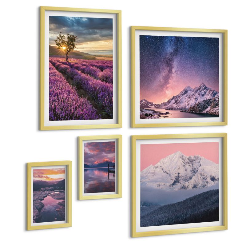 Zestaw 5 Obrazów ArtPrintCave (2x50x50+2x20x30+40x60cm) Złota rama Nocne miasta z neonami 1 kpl.