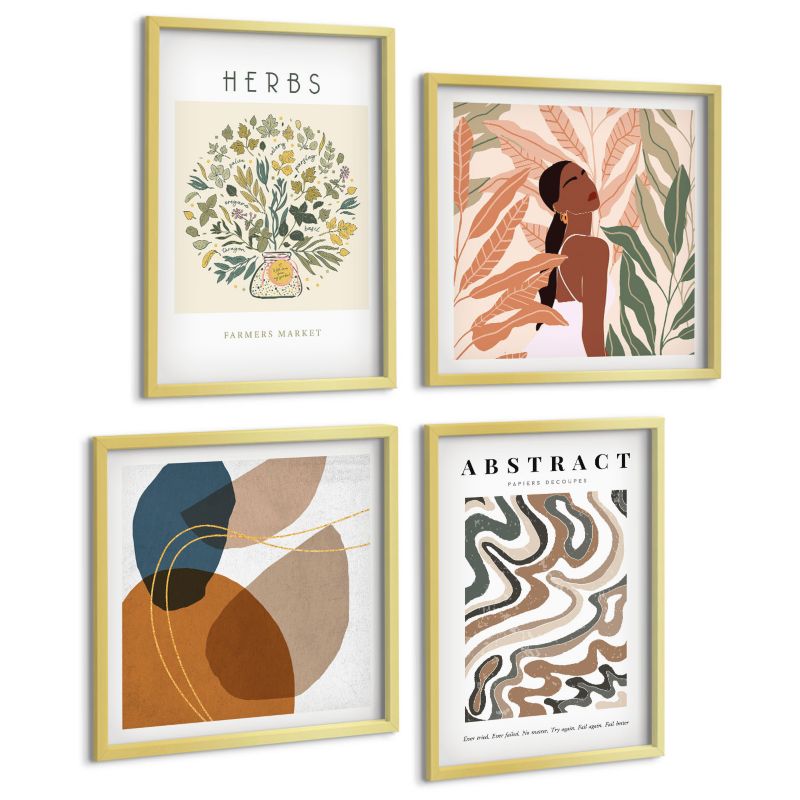Zestaw Obrazów 4 Częściowy ArtPrintCave (2x50x50+2x40x60cm) Złota rama Estetyka boho pastelowe postery 1 kpl.