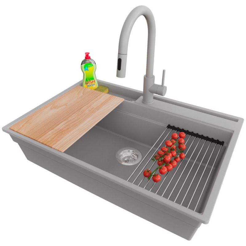Zlewozmywak Granitowy Oslo Pocket Multilevel PRIMAGRAN Nablatowy 78x53cm do Szafki od 80cm, Szary + Bateria + Syfon, S407, 1 szt.
