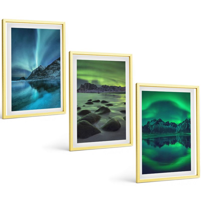 Galeria 3 Obrazów w Złotej Ramie ArtPrintCave 40x60 cm Komplet ścienny Zimowy krajobraz zorzy górskiej 1 kpl.