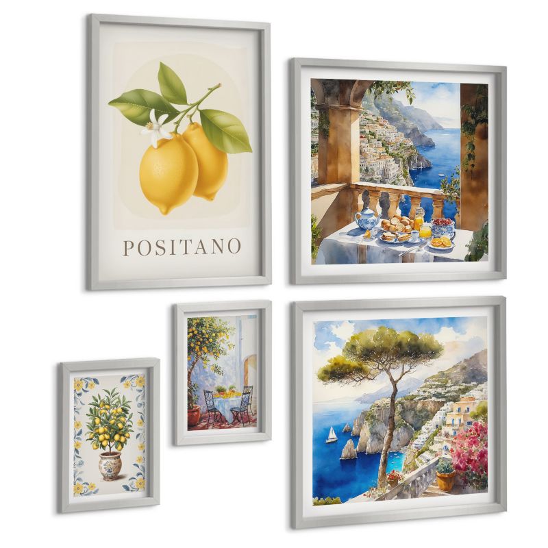 Zestaw Obrazów 5 Częściowy ArtPrintCave (2x50x50+2x20x30+40x60cm) Srebrna rama Urokliwe uliczki z roślinami 1 kpl.