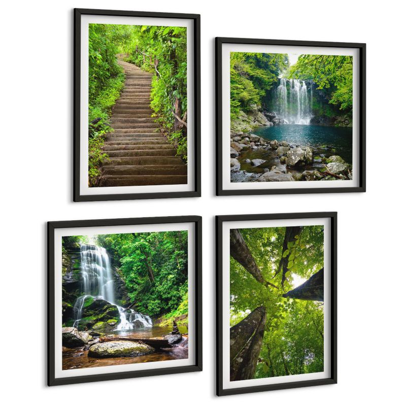 Zestaw 4 Obrazów ArtPrintCave (2x50x50+2x40x60cm) Czarna rama Ścieżka las wodospad roślinność 1 kpl.