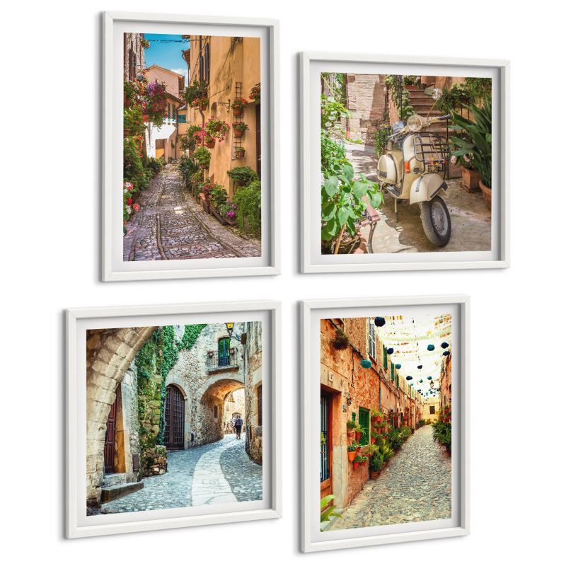 Zestaw 4 Obrazów ArtPrintCave (2x50x50+2x40x60cm) Biała rama Urokliwe włoskie uliczki kwiaty 1 kpl.