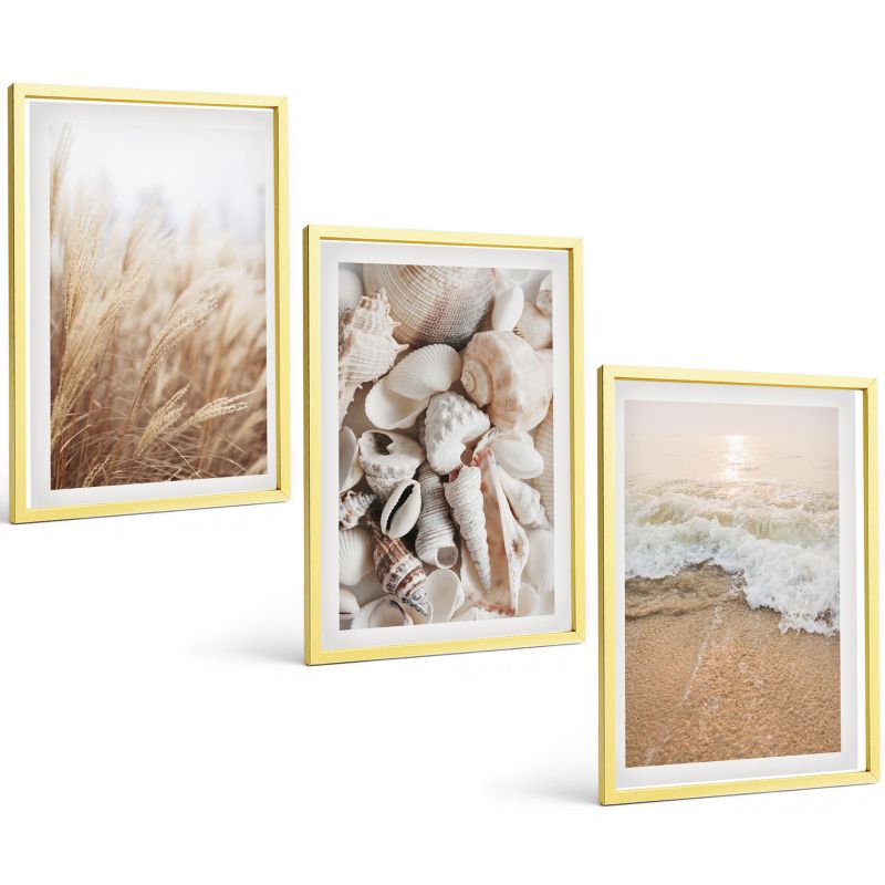 Galeria 3 Obrazów w Złotej Ramie ArtPrintCave 40x60 cm Komplet ścienny Plażowe motywy muszle fale 1 kpl.