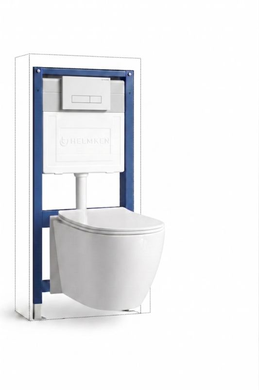 Zestaw podtynkowy WC Helmken 5w1: Biały przycisk HD, Miska bezkołnierzowa Rimless 35490101, Deska wolnoopadająca, Mata, 1 szt