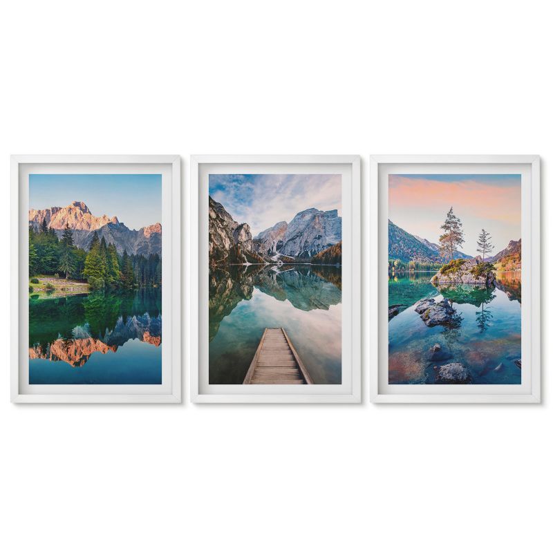 Tryptyk w białej ramie Tulup 40x60 cm Górskie jeziora odbicie las Stylowa galeria nad biurko 1 kpl