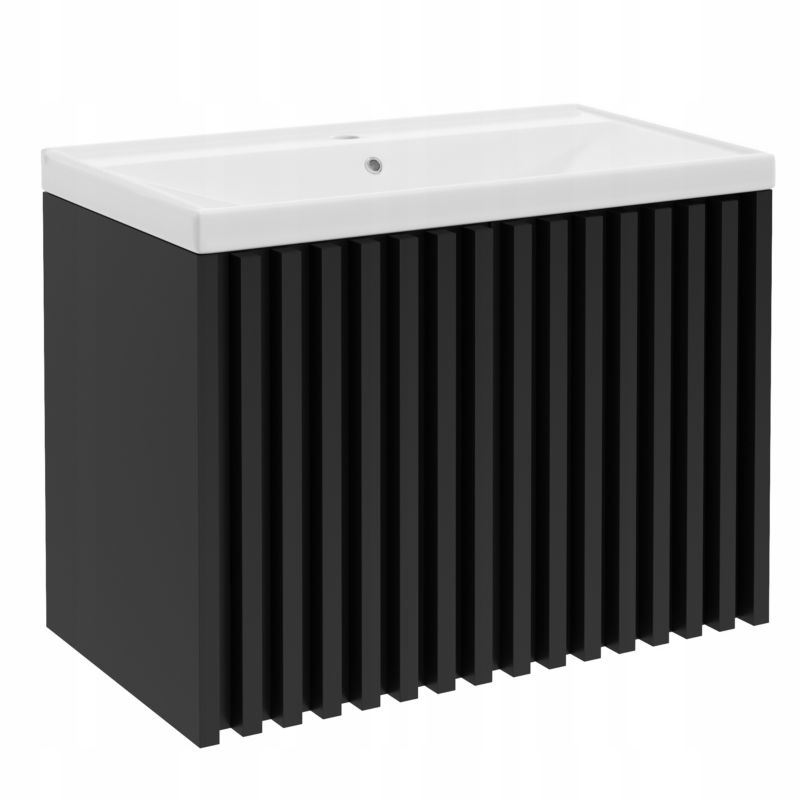 Szafka Łazienkowa Stamar z Umywalką 800 mm Czarna Matowa Lamele Wisząca MDF Drzwi 1 szt