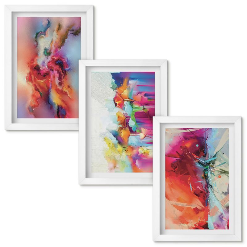 Zestaw Obrazów w Ramie Wallfluent Kolorowe abstrakcje formy Biała rama 20x30cm 3 szt.
