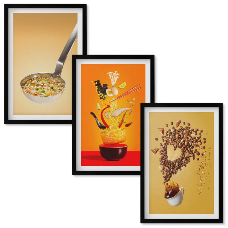 Obrazy Do Sypialni Wallfluent Kuchenne motywy jedzenia Czarna rama 40x60 cm 3 szt.