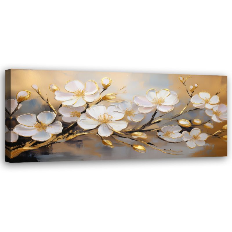Obraz do salonu sypialni Feeby Białe Kwiaty Rośliny Złoty 90x30 cm 1 szt