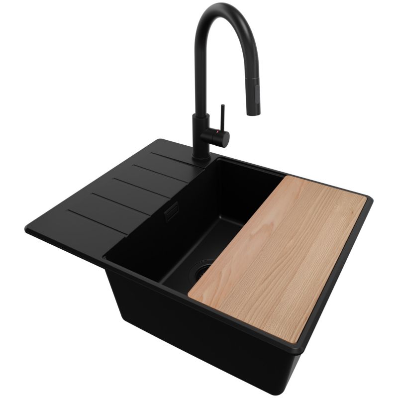 Zlewozmywak Granitowy Kopenhaga Top PRIMAGRAN Nablatowy 62x50cm, Cały Czarny + Bateria + Syfon + Akcesorium, S452, 1 szt.