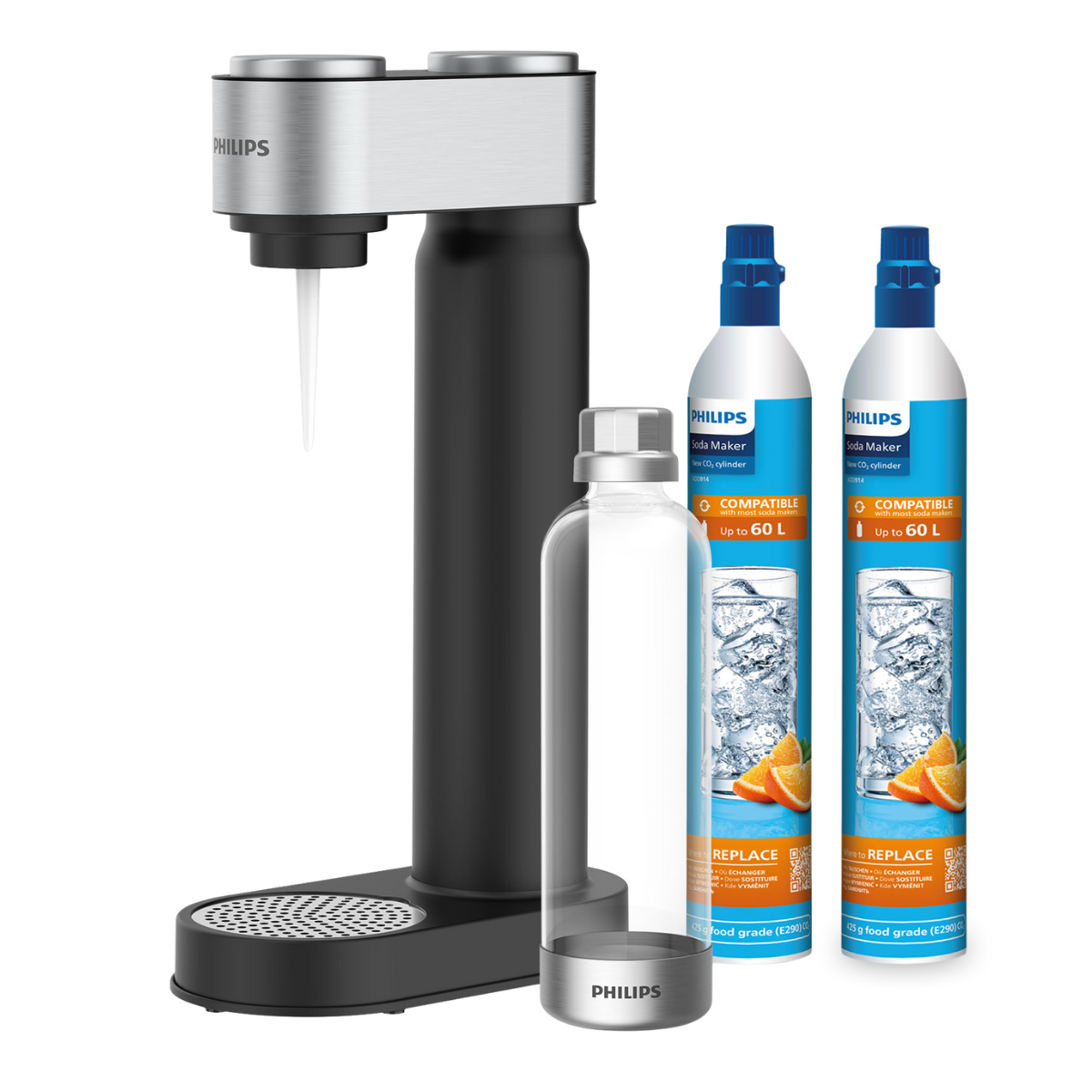Syfon do gazowania wody PHILIPS, kolor czarny. Drugi nabój CO2 w zestawie. PHILIPS ADD4902BK/10 + dodatkowa butla CO2..