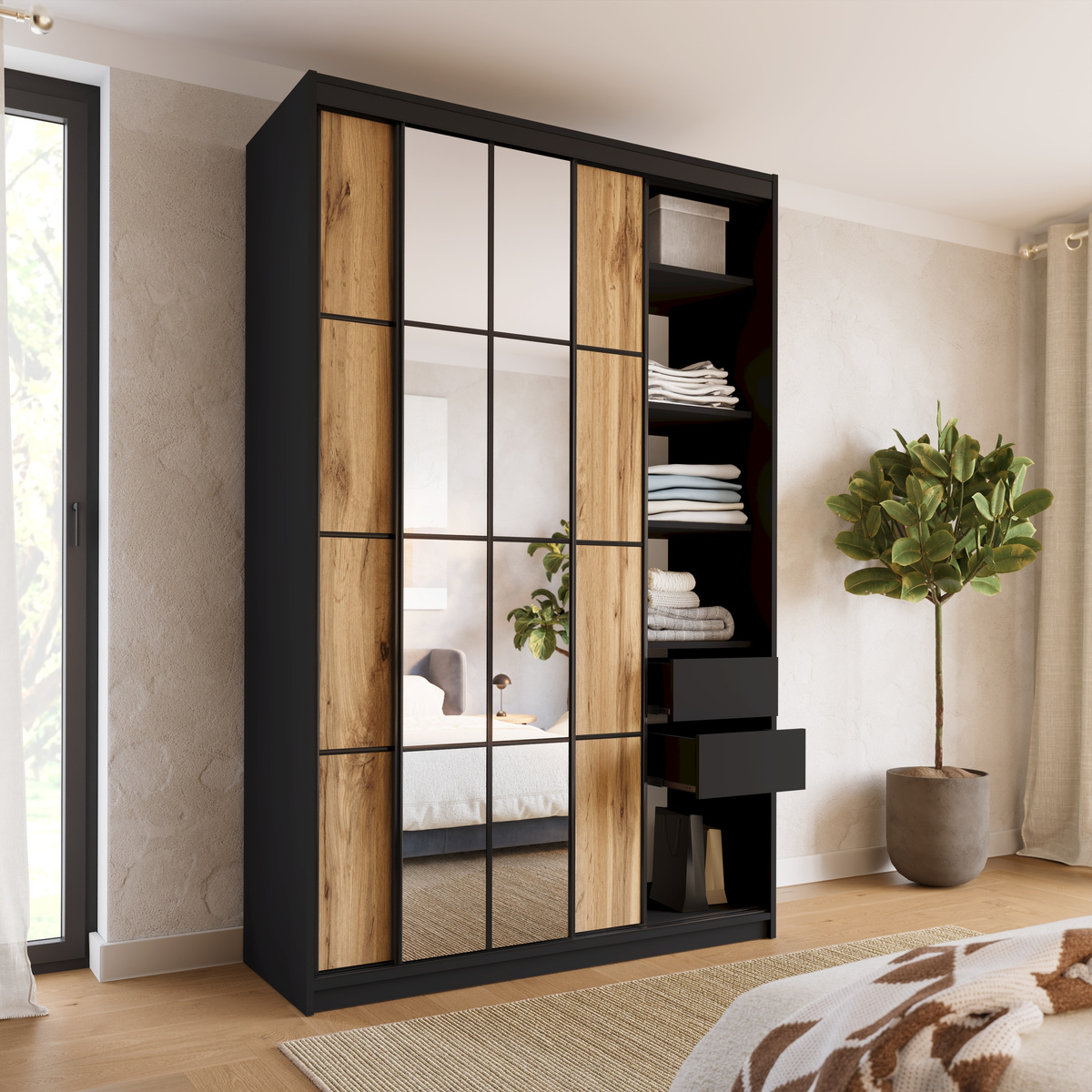 Wysoka szafa przesuwna z lustrem 150 cm do sypialni EDGE MAX