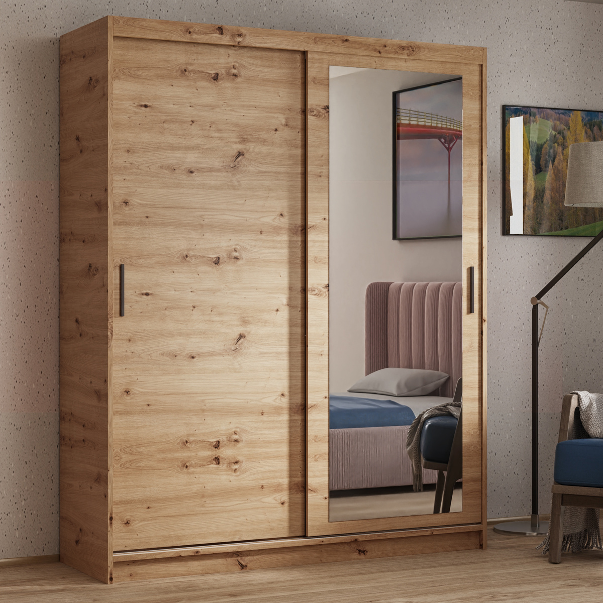 Szafa z lustrem 160 cm przesuwna z drążkiem HARON dąb artisan dwudrzwiowa