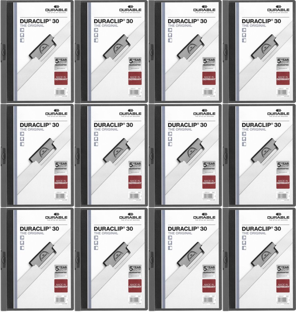 12x Skoroszyt plastikowy z klipsem Durable Duraclip, A4, do 30 kartek, grafitowy