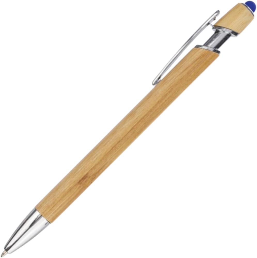 Długopis automatyczny Touch Pen, bambusowy, z niebieską gumką do ekranów dotykowych, niebieski
