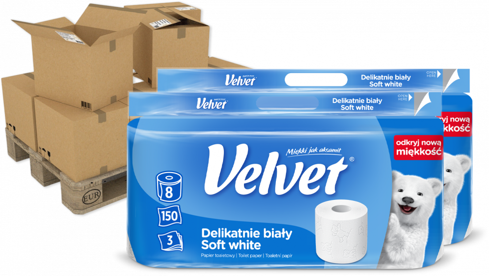 210x Papier toaletowy Velvet, 3-warstwowy, 8 rolek, delikatnie biały
