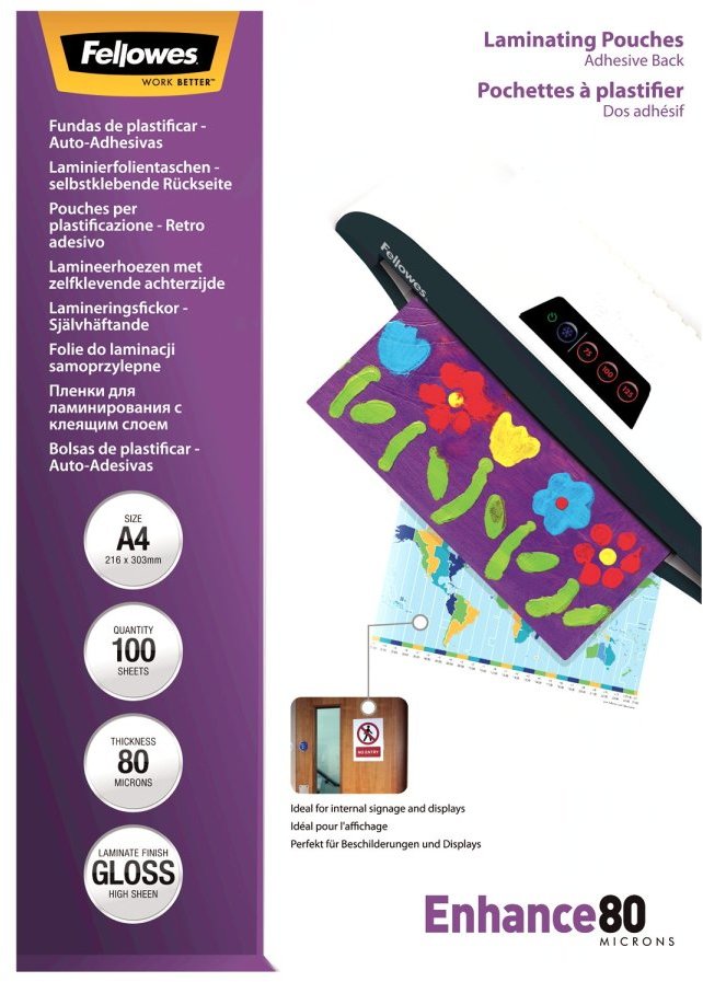 Folia do laminowania Fellowes, A4, samoprzylepna, 2x80 μm, 100 sztuk