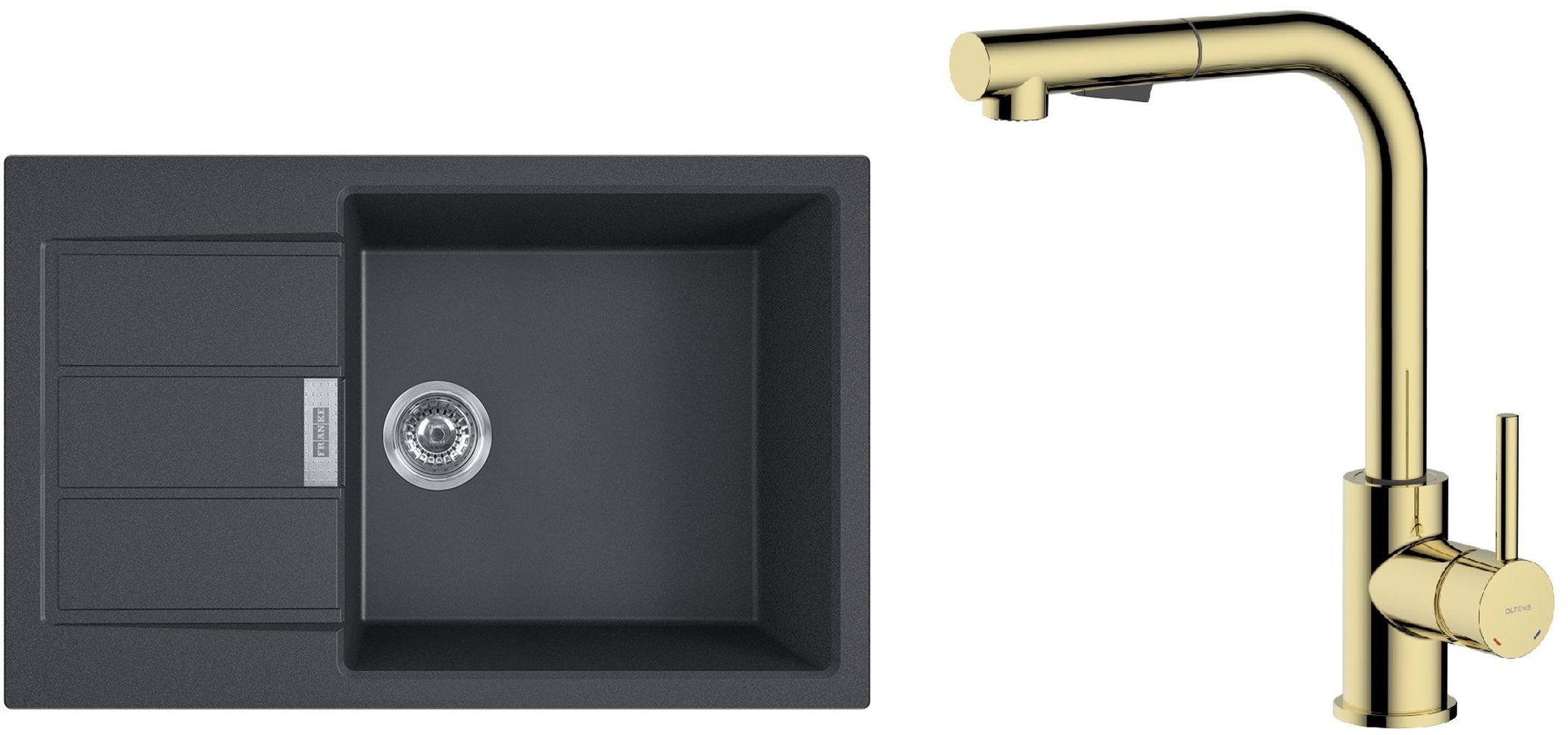 Zestaw Franke Sirius 20 S2D 611-78 XL zlewozmywak 78x50 cm z baterią kuchenną Oltens Myvat onyx/złoty połysk (1430618577, 35205800) - Wysyłka w 24h