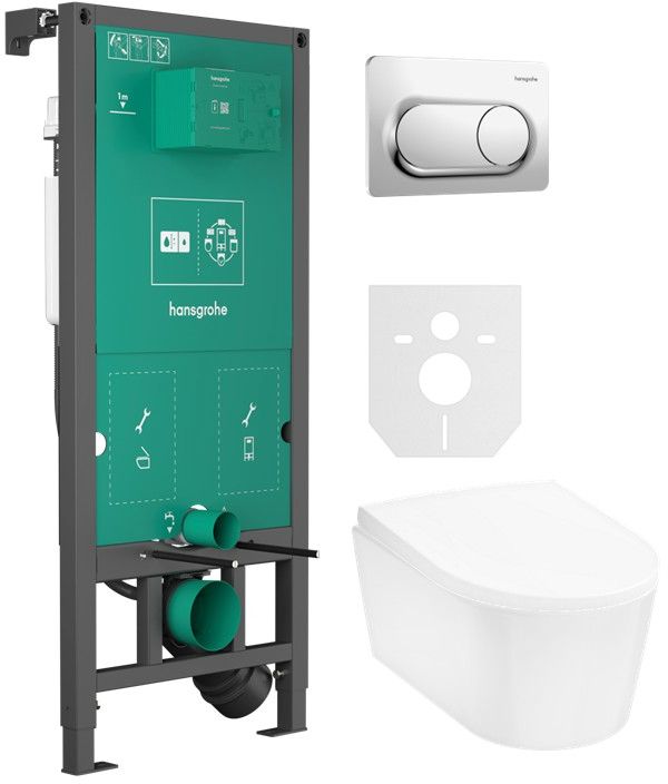 Zestaw Hansgrohe EluPura S miska WC z deską wolnoopadającą wisząca biała i stelaż z przyciskiem chrom połysk (01022180, 66002000, ... - Wysyłka w 24h