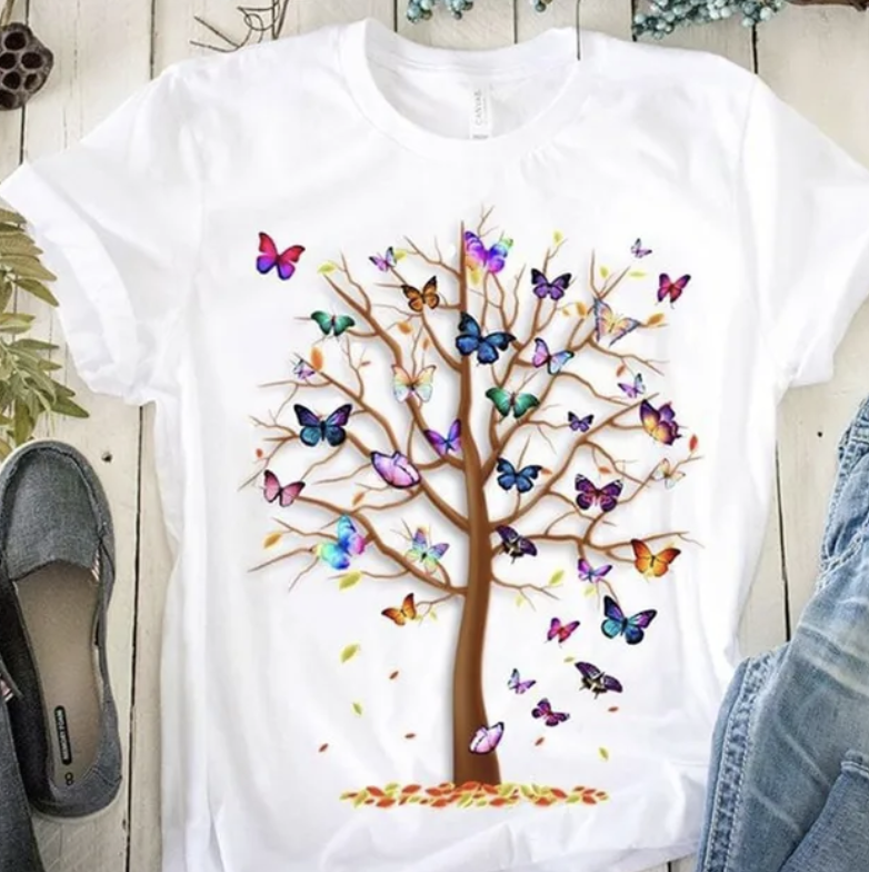 T-shirt damski drzewo z kolorowymi Motylkami L05