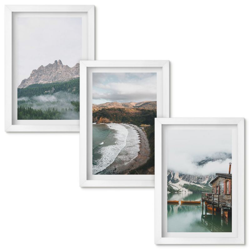 Obrazy do Salonu Wallfluent Górskie plaże drewniany dom Biała rama 20x30cm 3 szt.
