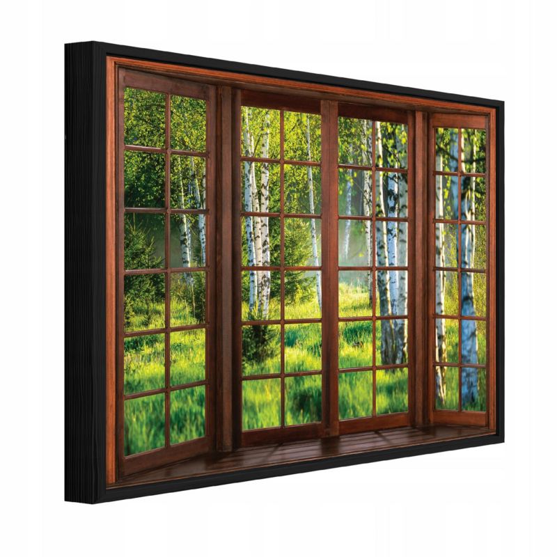 Obraz W Ramie WALLARENA Do Sypialni Salonu Na Płótnie 3D Okno Natura Las brzozowy Zielony 120x80 cm PPR14207O20 1 szt.