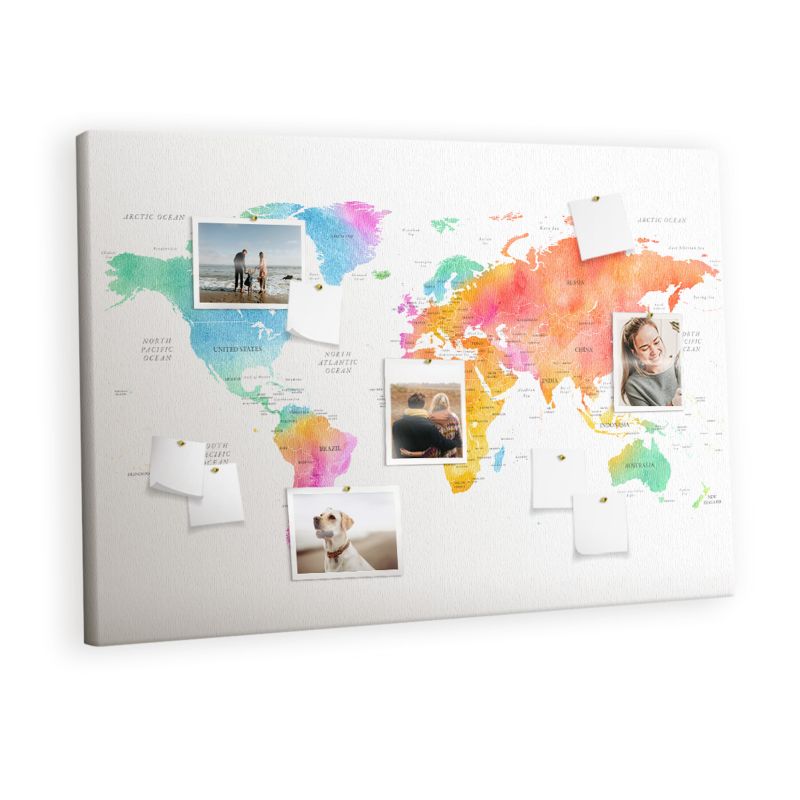 Tablica Korkowa Na Płótnie Tulup 120x80 cm Akwarelowa mapa świata Ozdobna loft Pinezki metaliczne 1 kpl