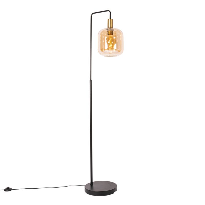 Artdeco lampa podłogowa 1punktowa Qazqa Zuzanna 150 mosiądz i bursztynowy max 40W kompatybilny z żarówką LED E27 IP20 1 szt.
