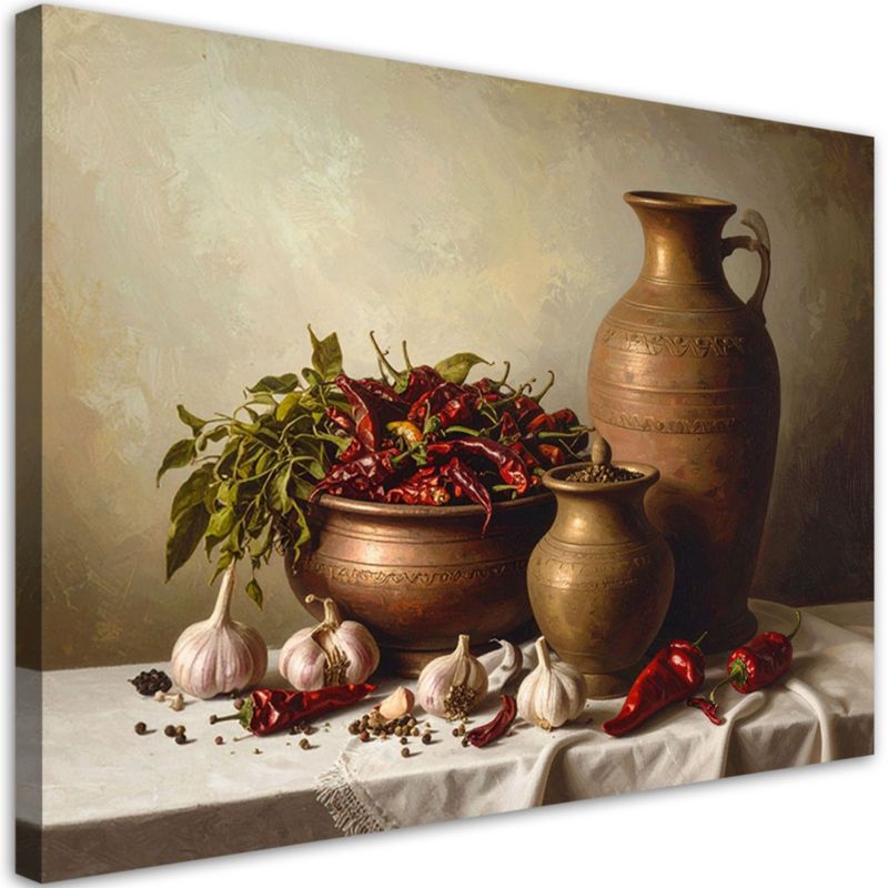 Obraz do kuchni jadalni restauracji Feeby Papryczki chili czosnek dzbanki 100x70cm 1szt