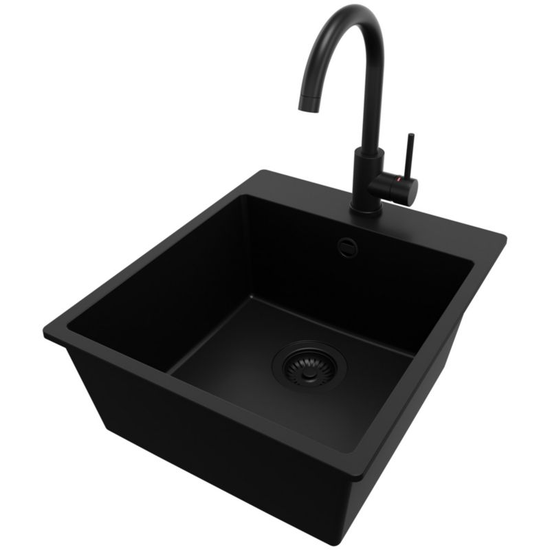Zlewozmywak Granitowy Ryga PRIMAGRAN Nablatowy 43x50cm do Szafki od 45cm, Cały Czarny + Bateria 32x20cm + Syfon, S136, 1 szt.