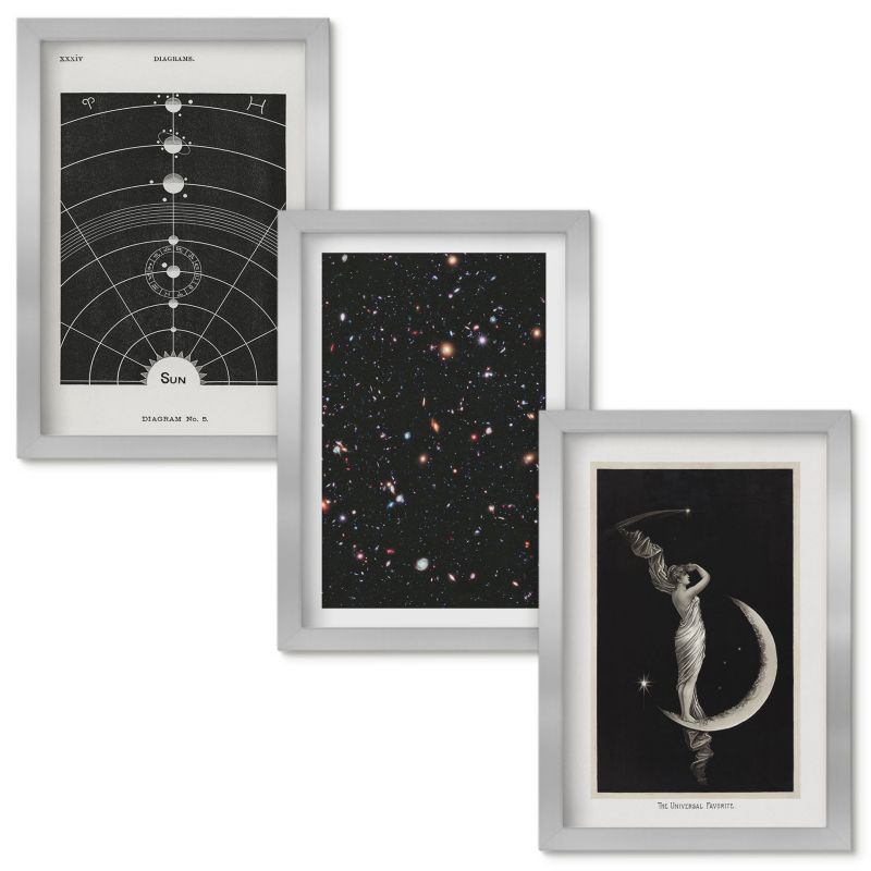 Set Obrazów w Ramie Wallfluent Układ słoneczny nocna postać Srebrna rama 20x30cm 3 szt.
